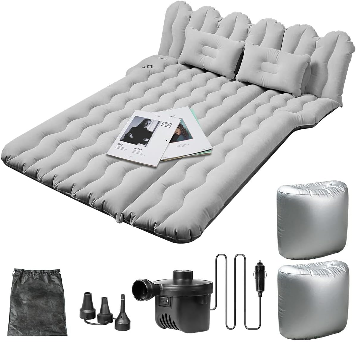 Venotory SUV Car Air Mattress Bed, Inflatable Car Mattress with Bottle and Cell Phone Holder, Thickened Flocking PVC Surface Car Bed with Electric Air Pump Car Mattress for Car Camping Road Trip