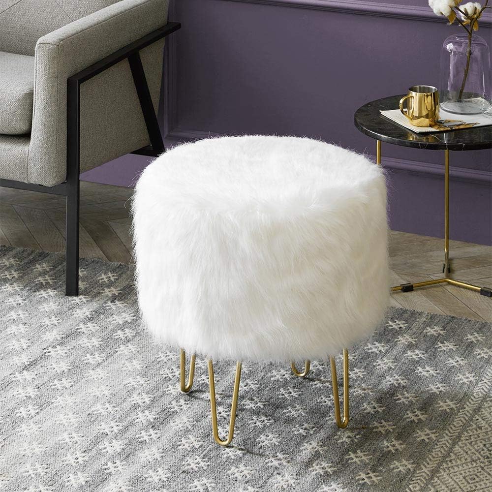 Modern Round Ottoman Foot Rest Stool - Luxurious Faux Fur Covered Seat w/ Sturdy Gold Hairpin Legs - Easy Assembly Accent Furniture Perfect for Use in Any Room - White Color