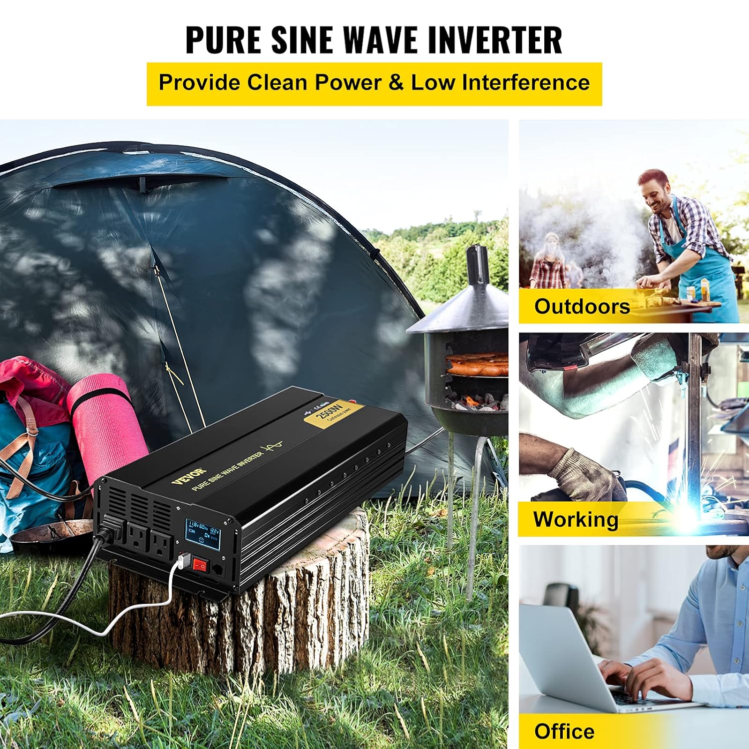 VEVOR Pure Sine Wave Inverter, 2500 Watt Power Inverter, DC 12V to AC 120V Car Inverter, with USB Port, LCD Display, and Remote Controller Power Converter, for RV Truck Car Solar System Travel Camping