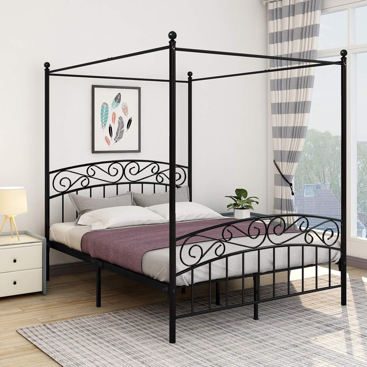JURMERRY Metal Canopy Bed Frame with Ornate European Style Headboard & Footboard Sturdy Steel Easy DIY Assembly All Parts Included,Queen Black