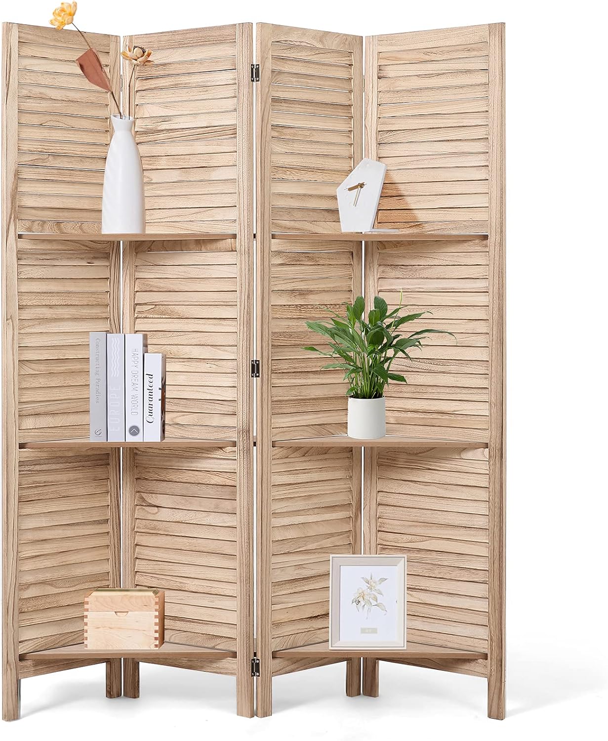 Vicluke 4 Panels Room Divider with 3 Removable Storage Shelves, 5.6 FT Folding Privacy Screen, Wood Portable Wall Divider for Home, Office, Restaurant(Natural)