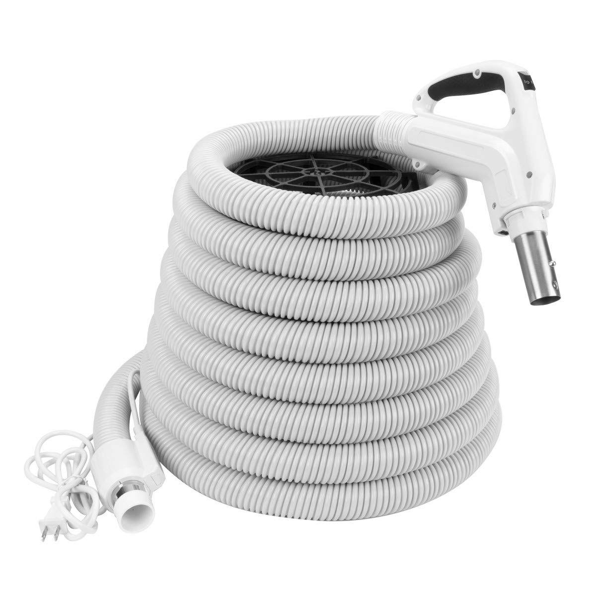ZVac Universal Central Vacuum Hose - 30ft Pigtail High Voltage Electric Hose - Crush Proof Tube - Ergonomic Swivel Handle -