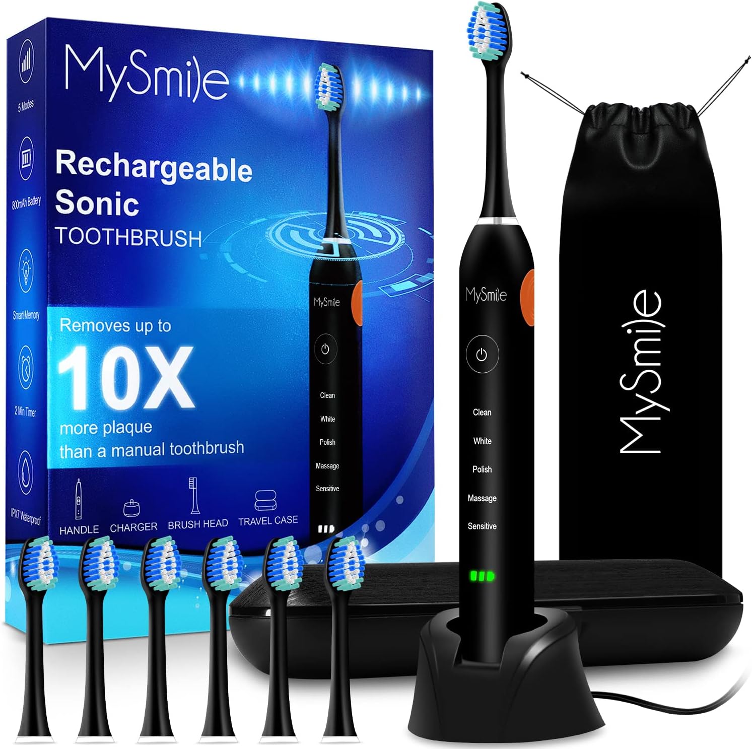 MySmile Electric Toothbrush for Adults, Rechargeable Sonic Electronic Toothbrush with 6 Brush Heads and Travel Case, 2 Mins 5 Modes Smart Timer, 48000VPM 10X Powerful Than Manual Toothbrush (Black)