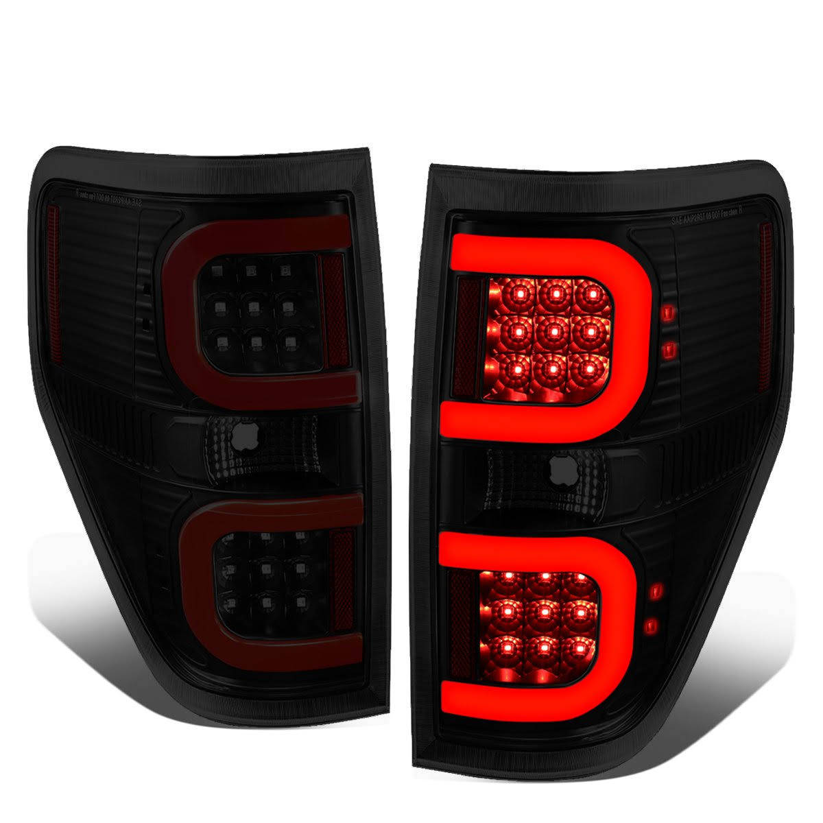 DNA Motoring for 2009 to 2014 Ford F150 Pair Dual Red LED C -Bar Tube Tail Light Rear Brake Lamps Black / Smoked