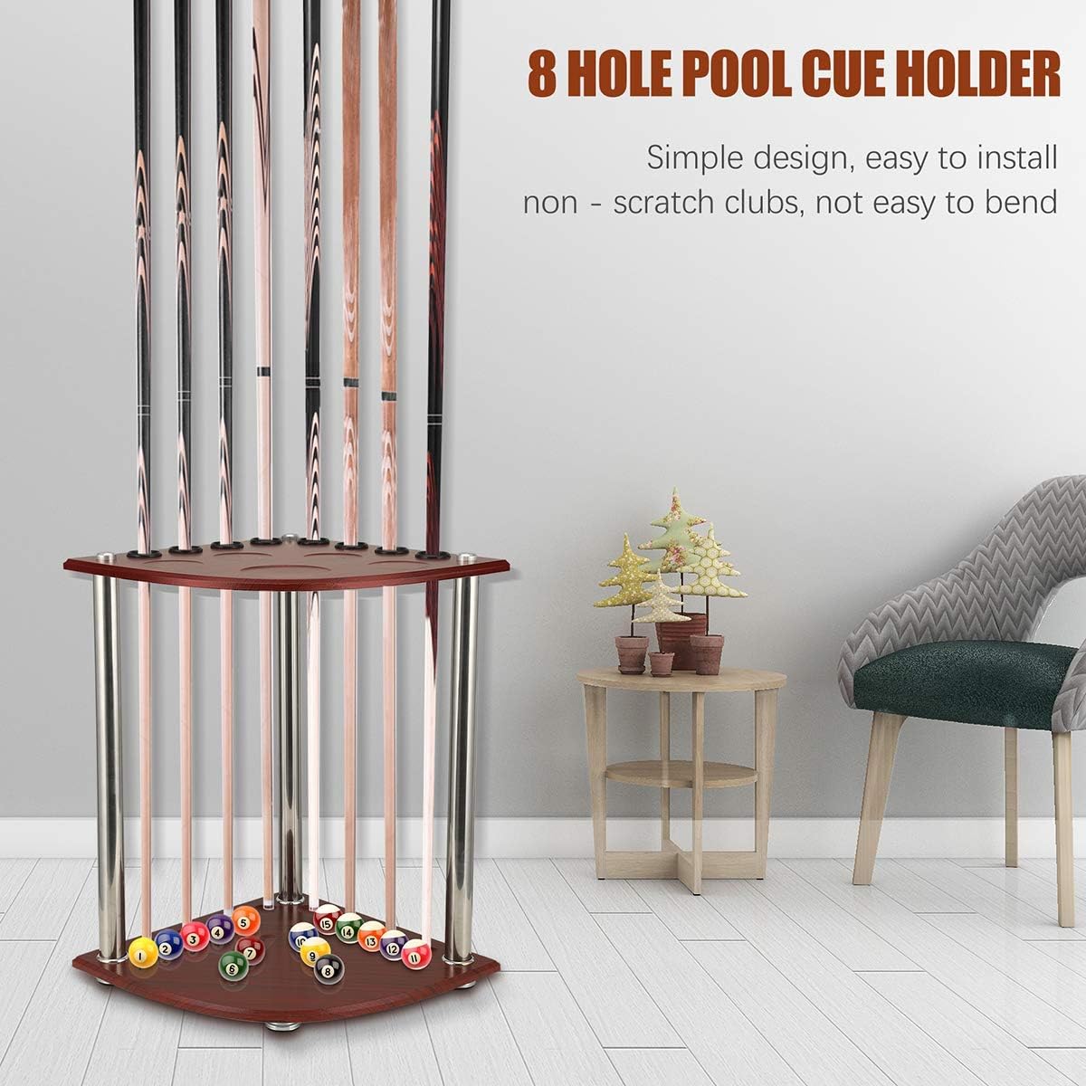 ETE ETMATE 8 Hole Vertical Pool Cue Holder, Oak Billiard Cue Rack Accommodate 8 Clubs and a Full Set of Balls, for Pool Sticks/Pool Balls/Pool Table Accessories Pack of 2