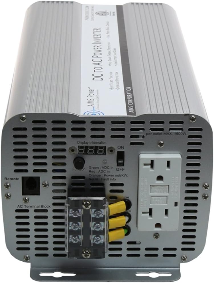 AIMS Power 3600 Watt Modified Sine Power Inverter 12Volt DC to 120 Volt AC ETL Certified to UL 458 with GFCI Outlets and AC Terminal Block