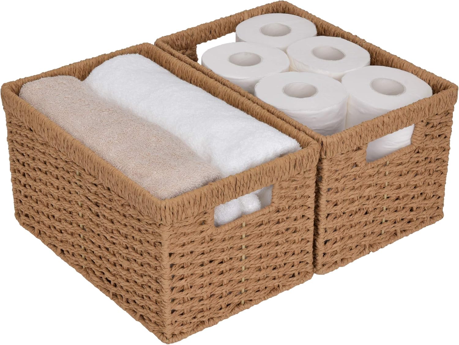 StorageWorks Round Paper Rope Storage Baskets, Rectangular Wicker Baskets with Built-in Handles, Medium, 13” x 8.3” x 7.1”, 2-Pack Pack of 2