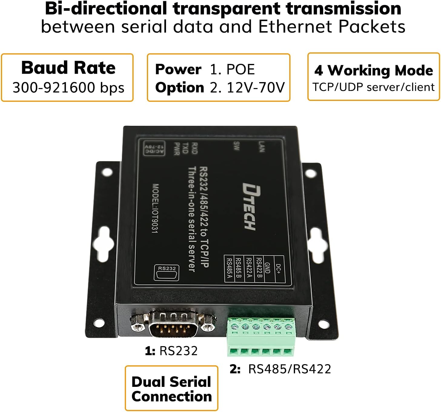 DTECH Serial to Ethernet Converter Adapter RS232 RS422 RS485 to TCP IP Device Server Supports DHCP DNS Modbus RTU/TCP 10/100M Power Over Ethernet POE Pack of 2