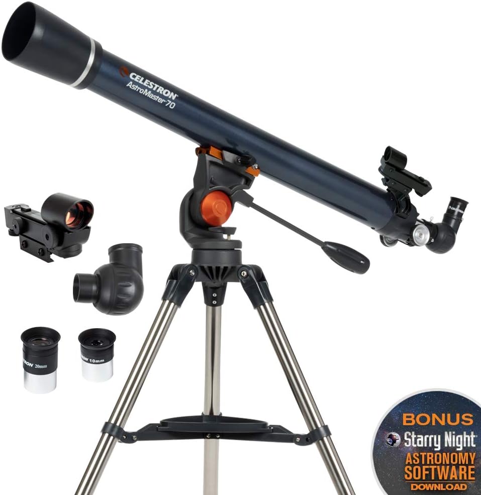 Celestron - AstroMaster 70AZ Telescope - Refractor Telescope - Fully Coated Glass Optics - Adjustable Height Tripod &ndash; Bonus Astronomy Software Package