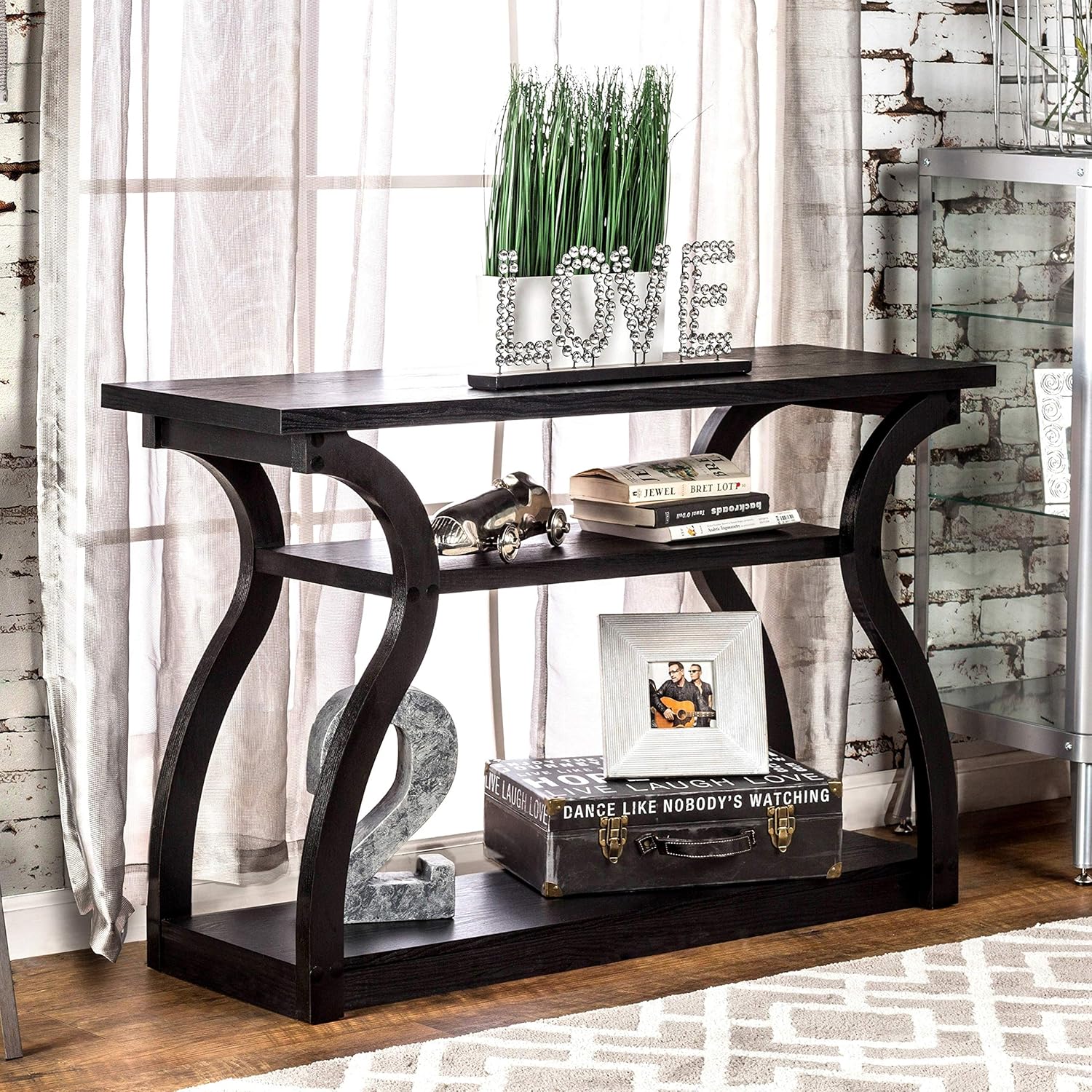 Modern Black 2-Shelf Console Table Foa Contemporary Transitional Rectangle MDF Wood Finish Includes Hardware Shelf