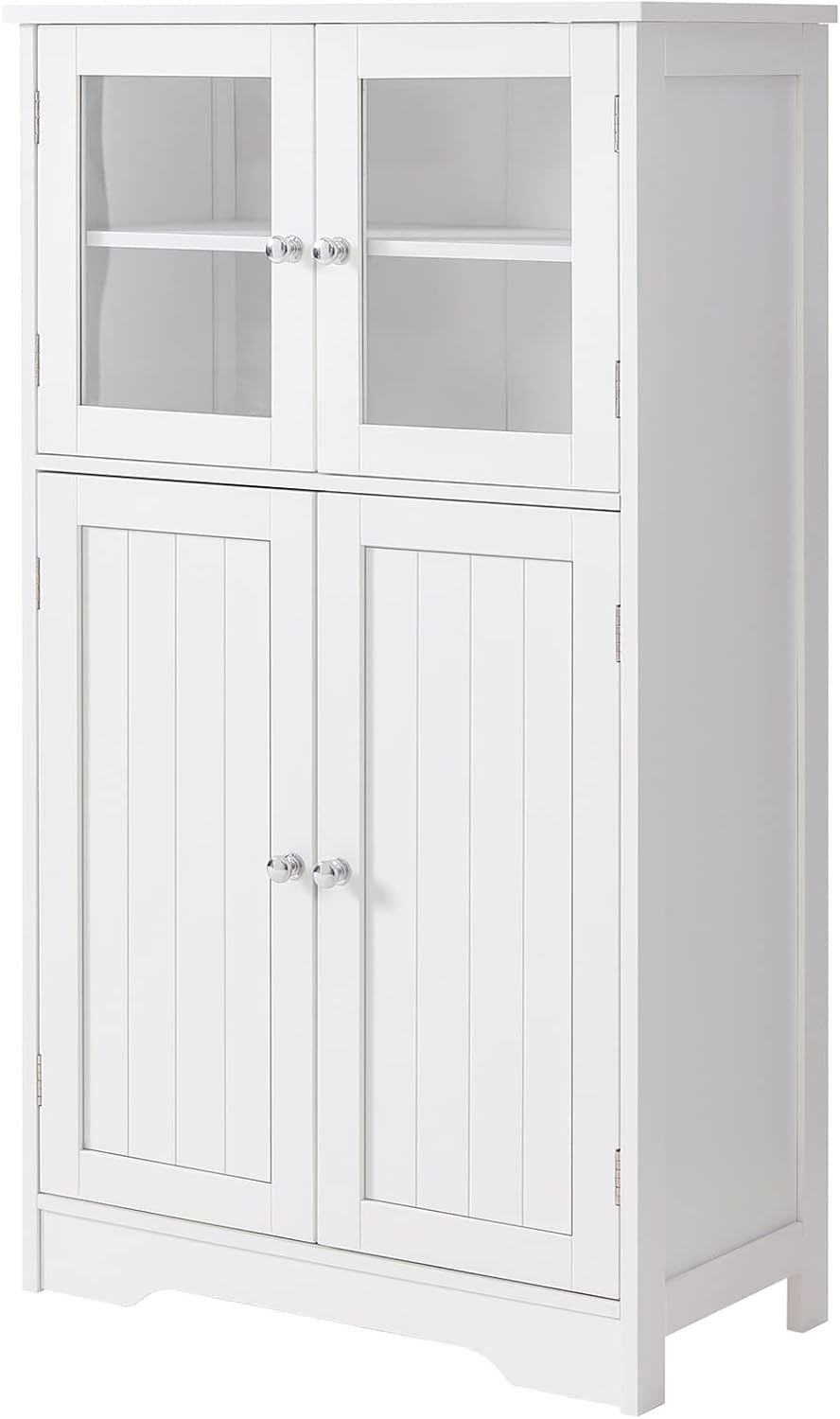 IWELL Bathroom Floor Cabinet, Storage Cabinet with Glass Doors & Adjustable Shelf, Freestanding Storage Organizer for Living Room, Home Office, Black