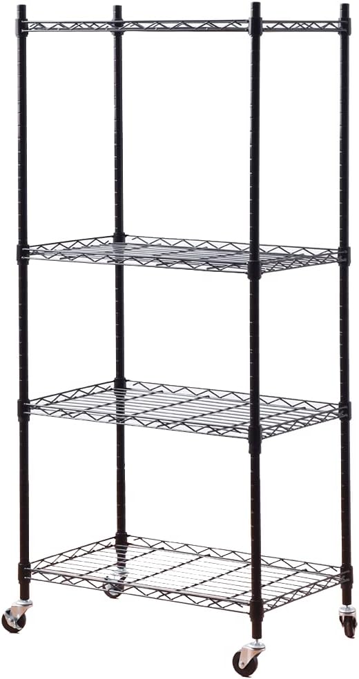 Yin 4-Shelf Metal Shelf Organizer on 4”Wheel Casters -Wire Shelving Certified NSF -Heavy Duty Garage Shelving Wire Rack ,Black (24”L x 14”W x 47”H) Pack of 2