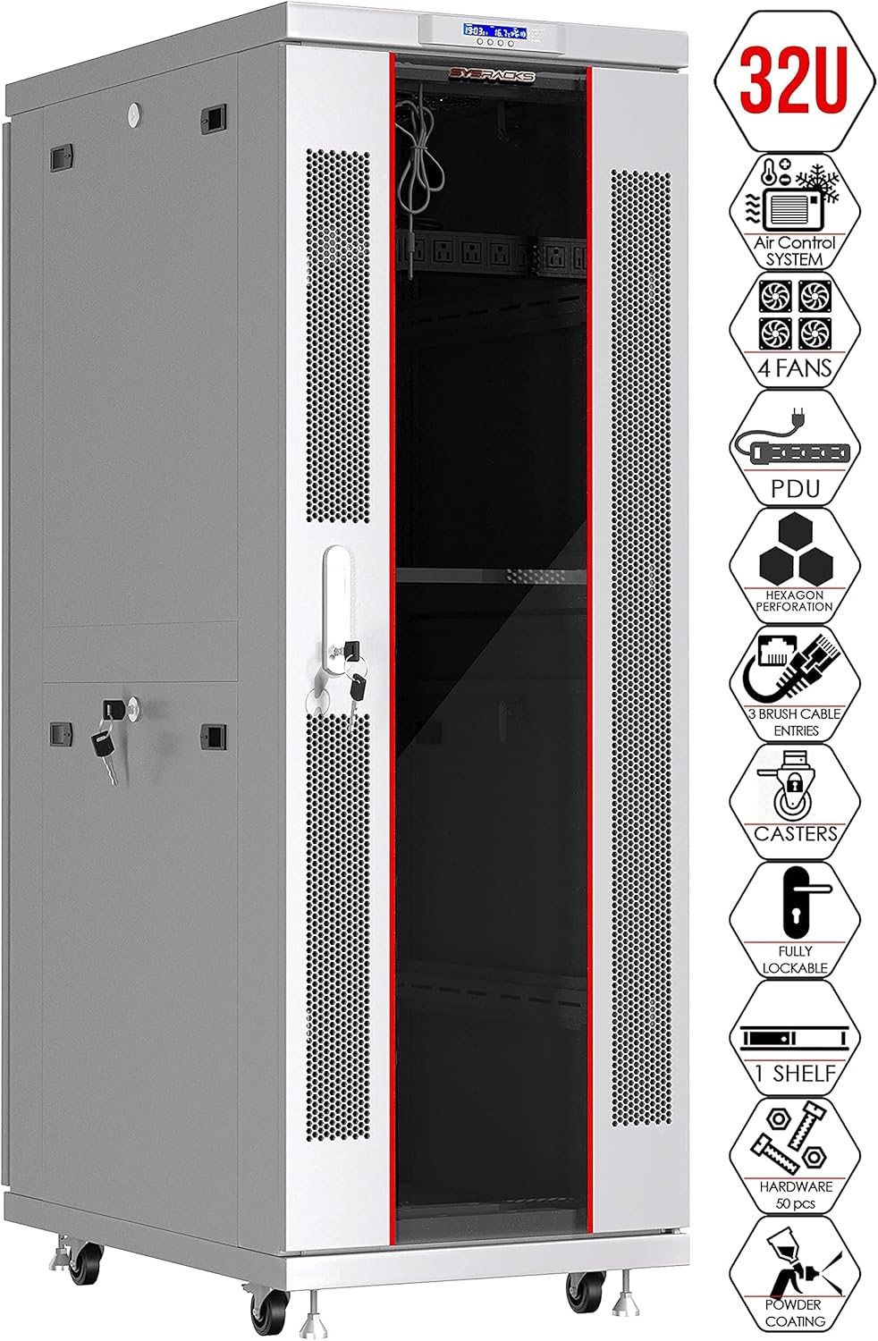 Server Rack - Locking Cabinet - Network Rack - Av Cabinet - 32U - Rack Mount - Free Standing Network Rack- Server Cabinet - Caster Leveler - Rack Shelf - Cooling Fan - Thermostat - PDU - Light Grey