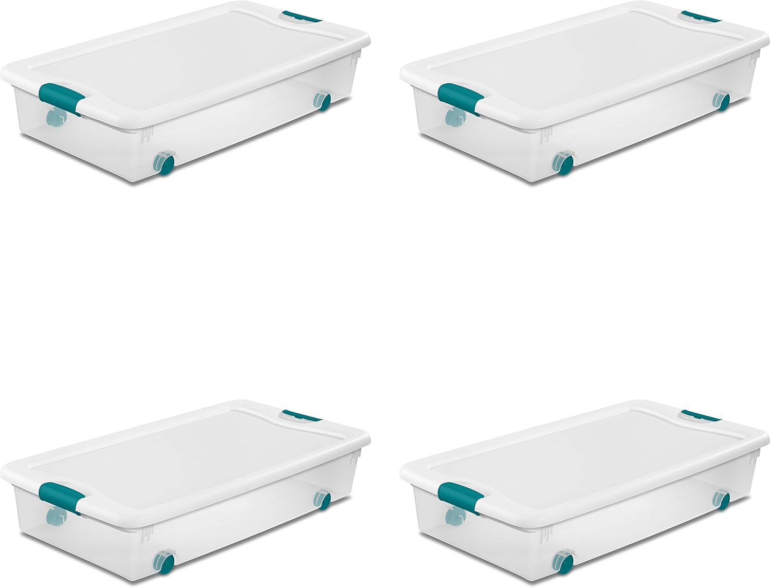 Sterilite 56 Qt./53 L Wheeled Latching Box Clears, Quart, White, 4 Piece & 19859806, 30 Quart/28 Liter Ultra Latch Box, Clear with a White Lid and Black Latches, 6-Pack