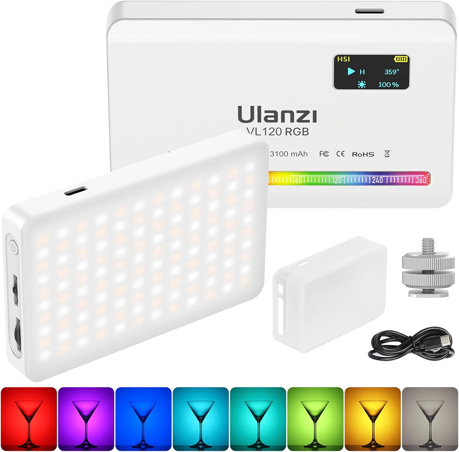 ULANZI VL120 RGB Video Light, Pocket LED On-Camera Light, Built-in 3100mAh Battery, 360 Full Color 20 Light Effects, CRI≥95 2500-9000K LED Video Light Panel for Photography Vlogging, White Pack of 2