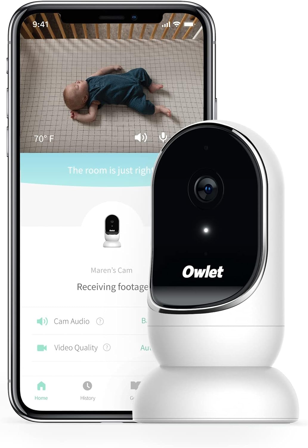 Owlet Cam Smart Baby Monitor - HD Video Monitor with Camera, Wide Angle Lens, Audio and Background Sound, Encrypted WiFi, Motion and Sound Notifications, Humidity, Room Temp, Night Vision, 2-Way Talk