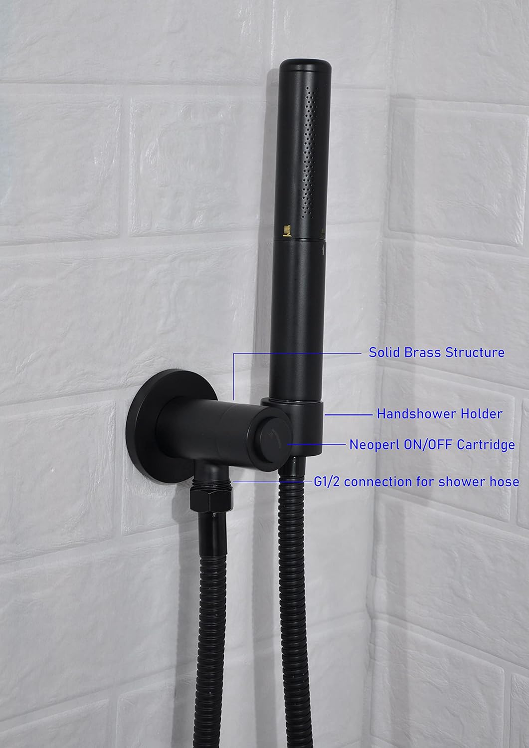 Aquaiaw Push-Button On/Off Wall Supply Elbow, Neoperl Cartridge, with O-Ring Flange, Solid Brass, Electroplate Matte Black, with Hand Shower Holder, Tapered 1/2 NPT Female Inlet, Round, G1/2 Outlet