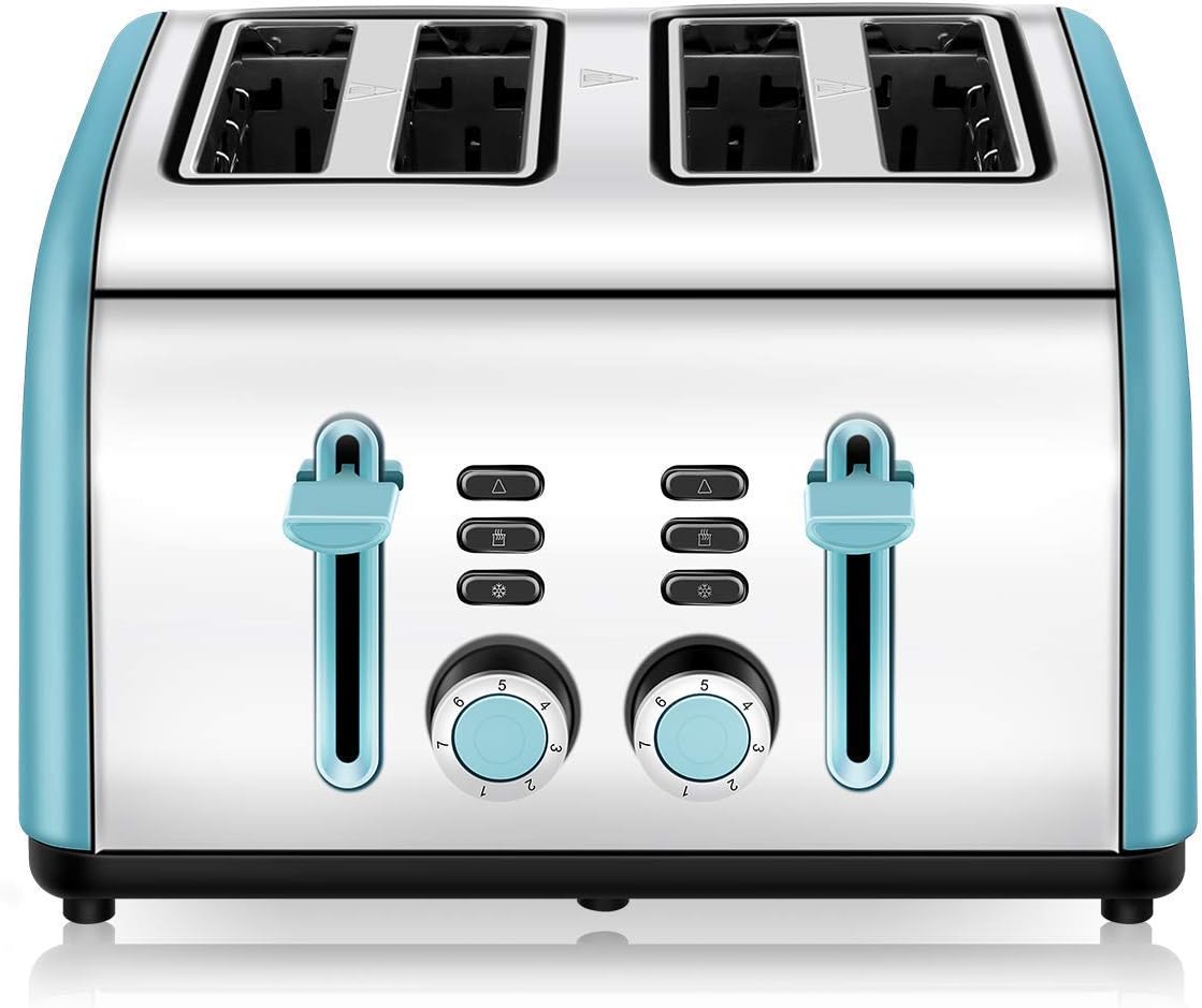 Toaster 4 Slice, CUSINAID 4 Wide Slots Stainless Steel Toasters with Reheat Defrost Cancel Function, 7-Shade Setting, Blue Pack of 2