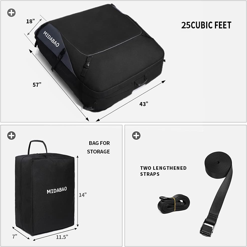 Car Roof Bag Cargo Carrier, 25 Cubic Feet Waterproof Rooftop Cargo Carrier + 6 Door Hooks Suitable for All Vehicle with/Without Rack