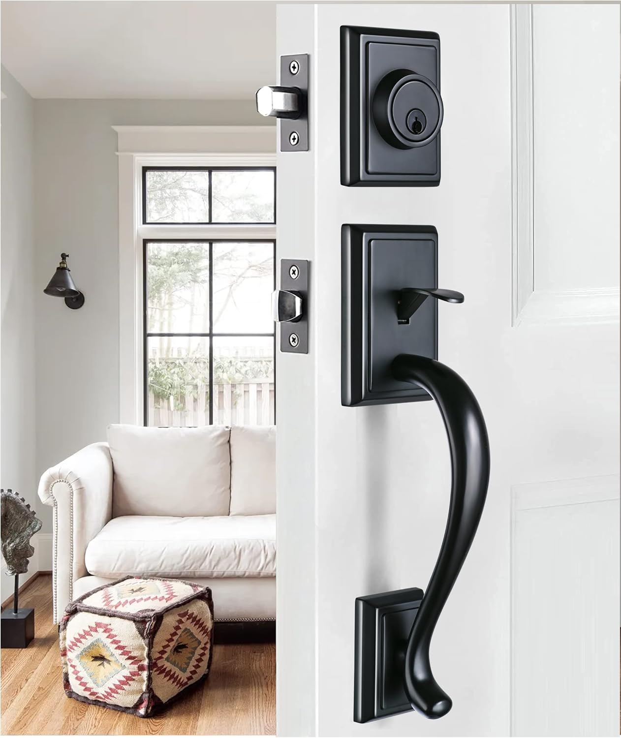 Matte Black Keyed Entry HandleSet -Front Door Entrance Handle and Deadbolt Lock Set Square Single Cylinder Deadbolt Heavy Duty (Entrance Keyed Lockset) feating Key-Alike Function