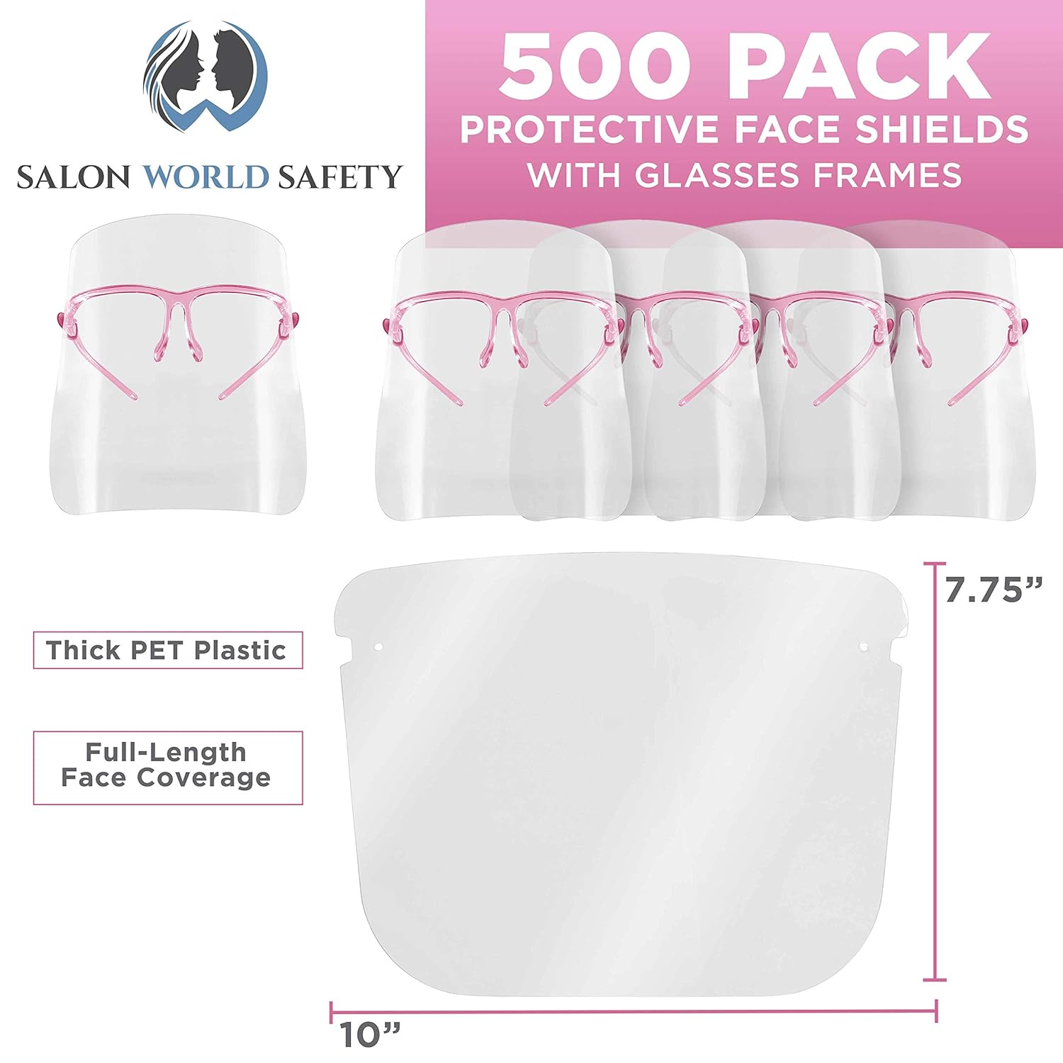 TCP Global Salon World Safety Face Shields with Pink Glasses Frames (Case of 500) - Ultra Clear Protective Full Face Shields to Protect Eyes, Nose, Mouth - Anti-Fog PET Plastic, Goggles