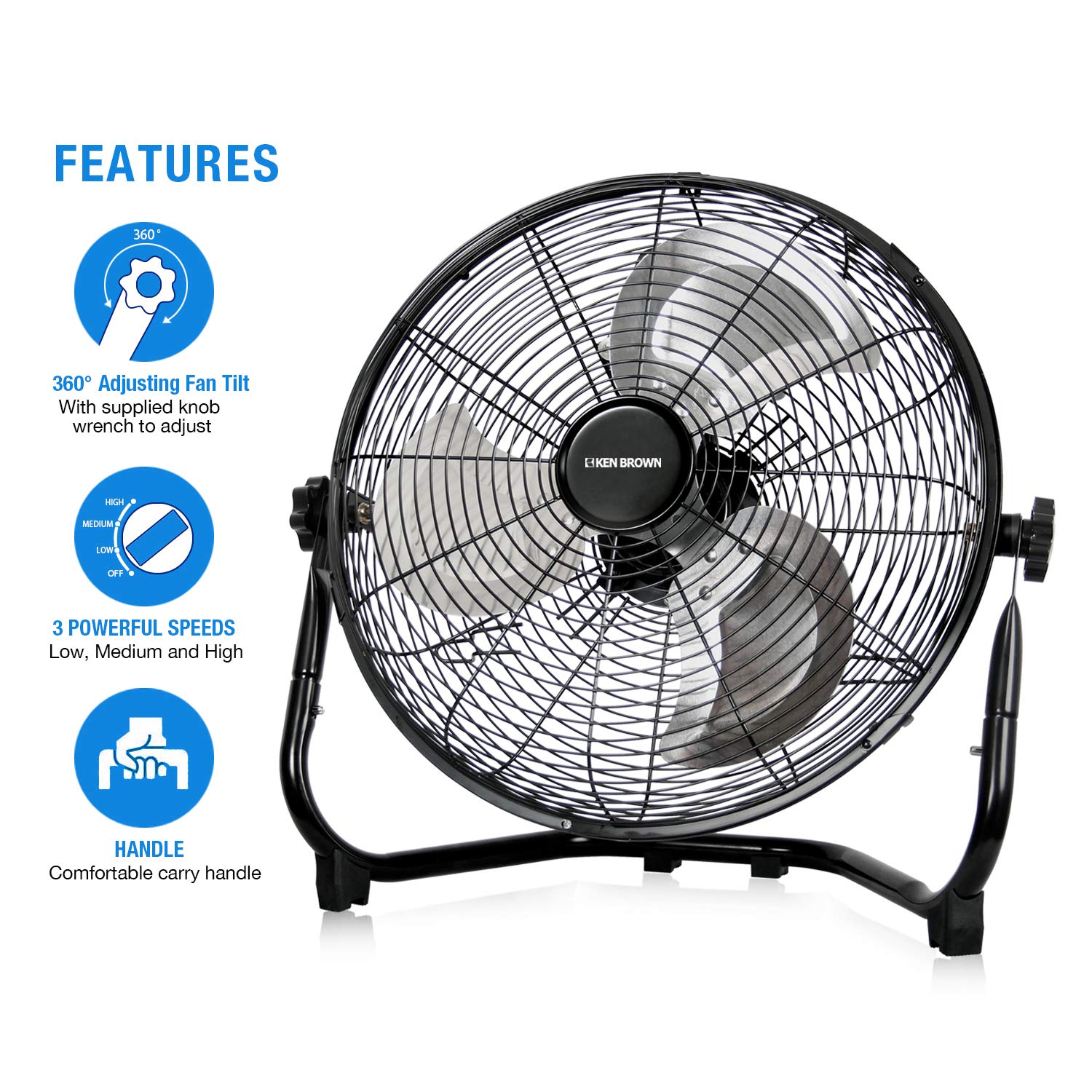 KEN BROWN 14 Inch High Velocity Floor Fan 3-Speed 360° Adjustable Tilting Powerful Airflow for Home,Residential Use, Black Pack of 2