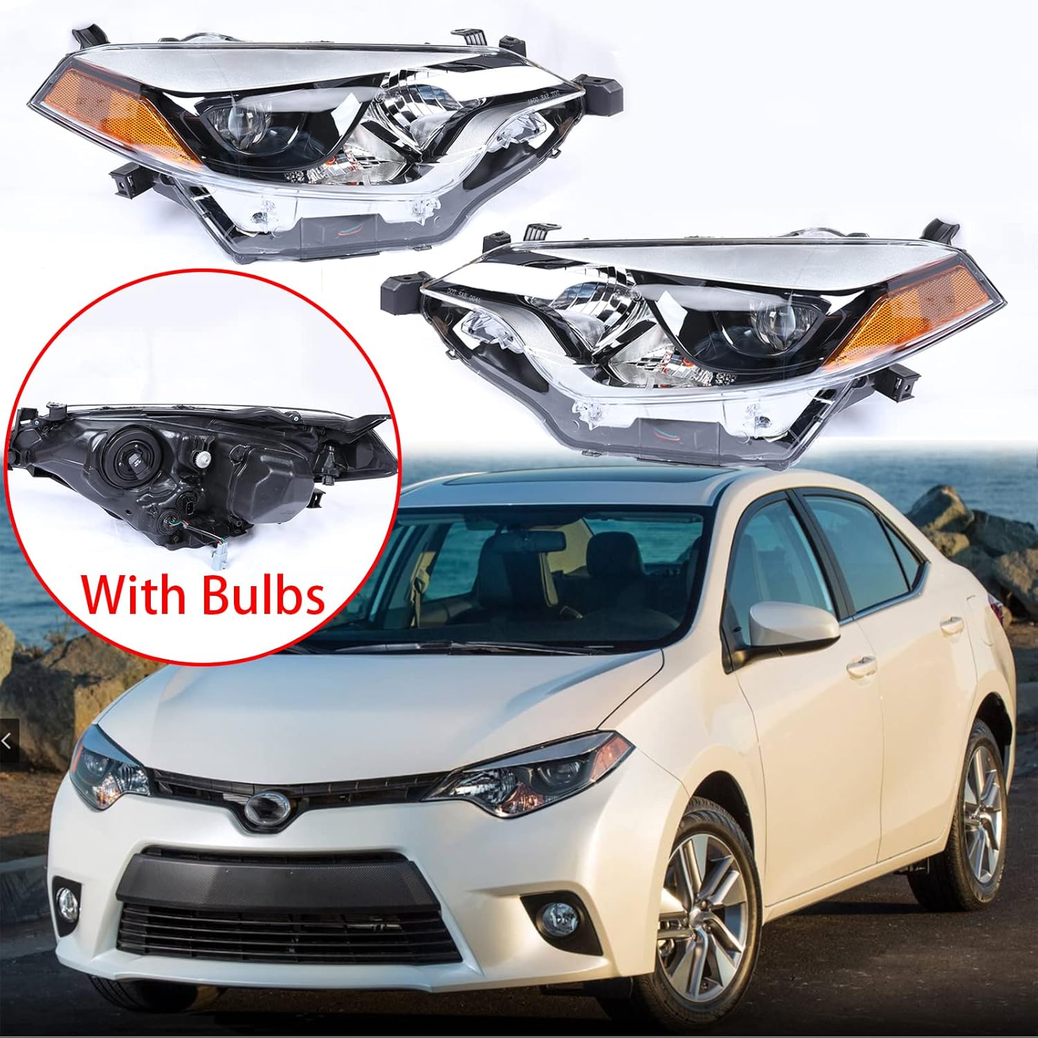 PENSUN Headlight Lamp Assembly（with bulbs） For 2014 2015 2016 Toyota Corolla E170 Black Housing Build-In LED Proejector（A pair）