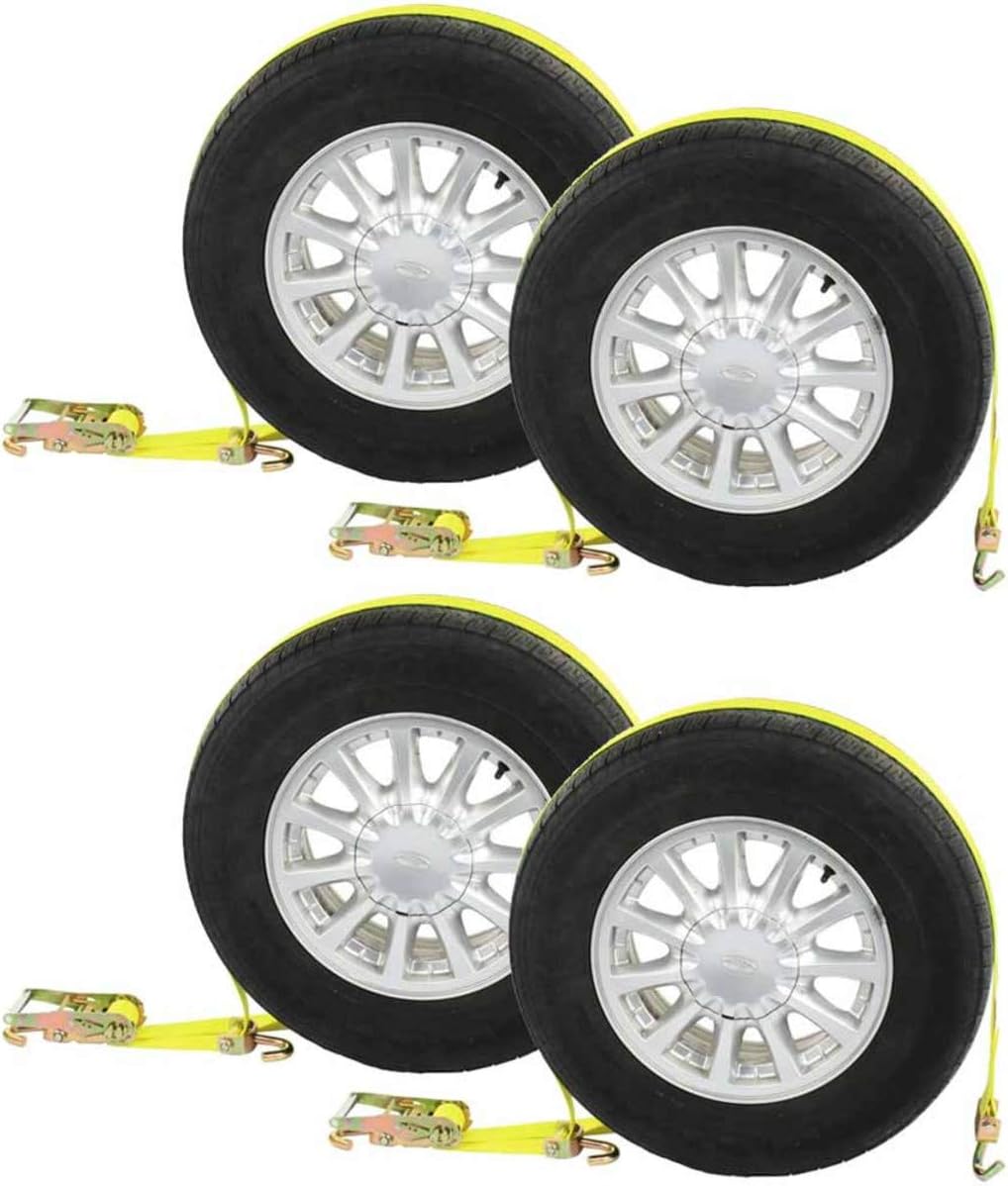US Cargo Control Wheel Strap with Swivel Hooks and Ratchet - 2-Inch Wide Yellow Over The Tire Strap - Strong and Durable to Secure Vehicle for Transport - 2,200 Pound Working Load Limit - 4 Pack
