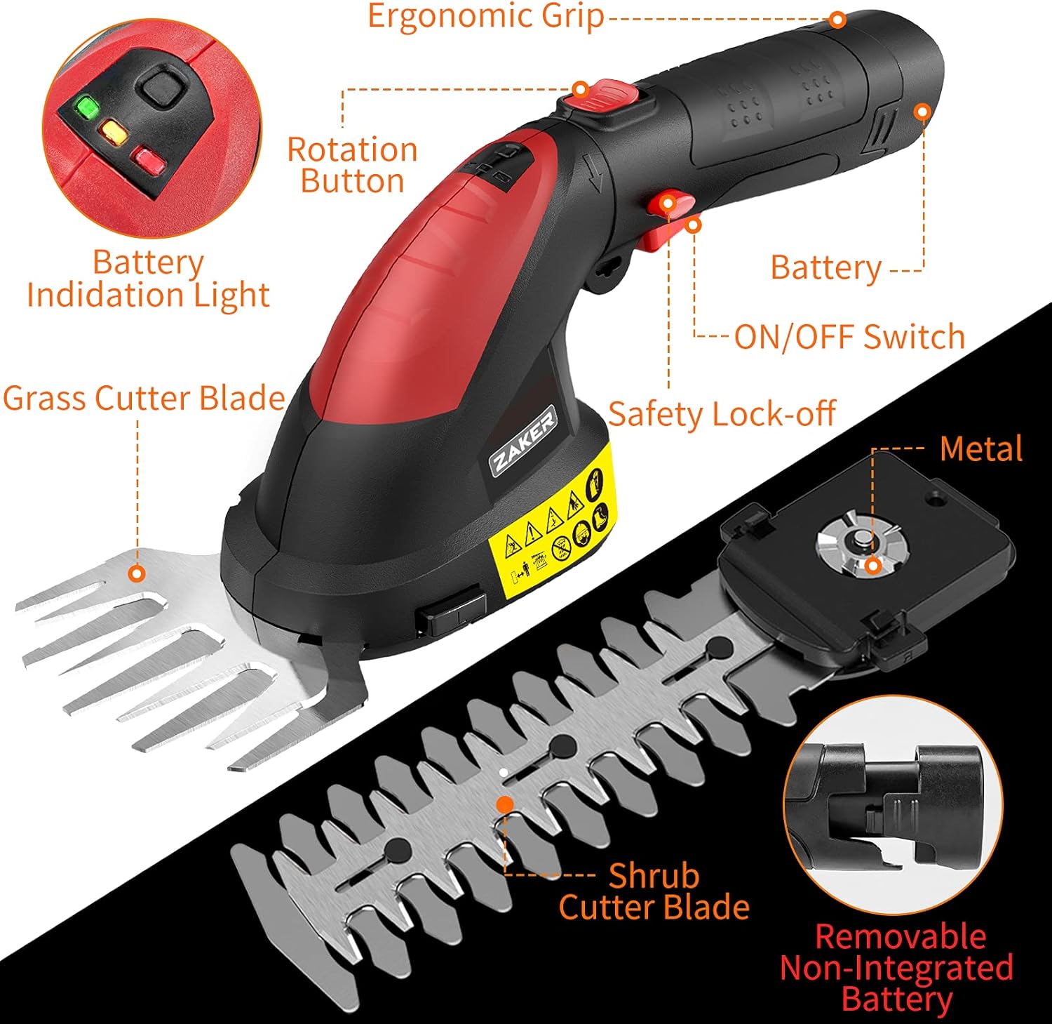 ZAKER Cordless Grass Shear & Hedge Trimmer - 7.2V Electric Shrub Trimmer 2-in-1 Handheld Hedge Cutter/ Grass Trimmer/ Hedge Clipper with Rechargeable Battery and Charger Included for Garden, Lawn Pack of 2