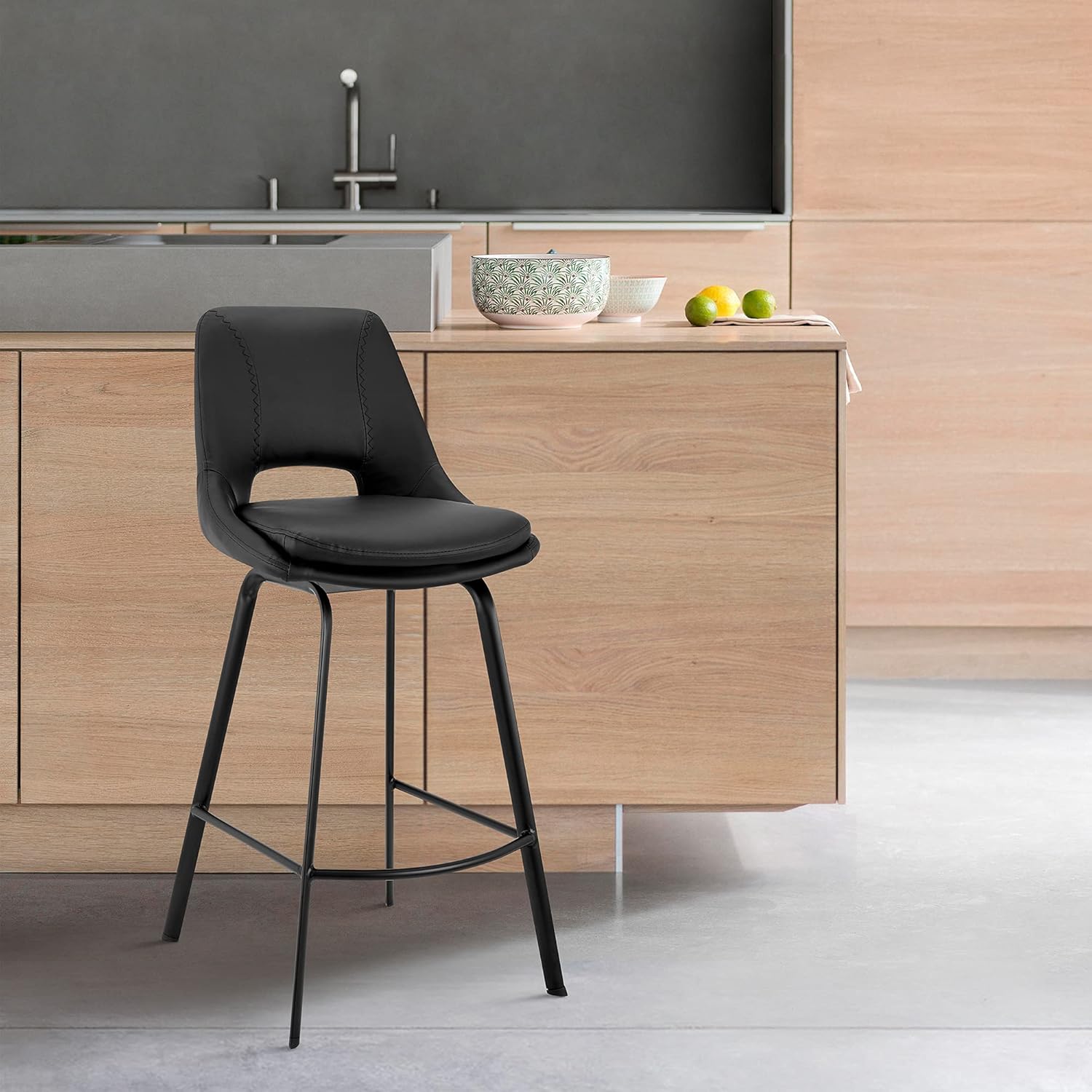 Armen Living Carise Black Faux Leather and Black Metal Swivel 30