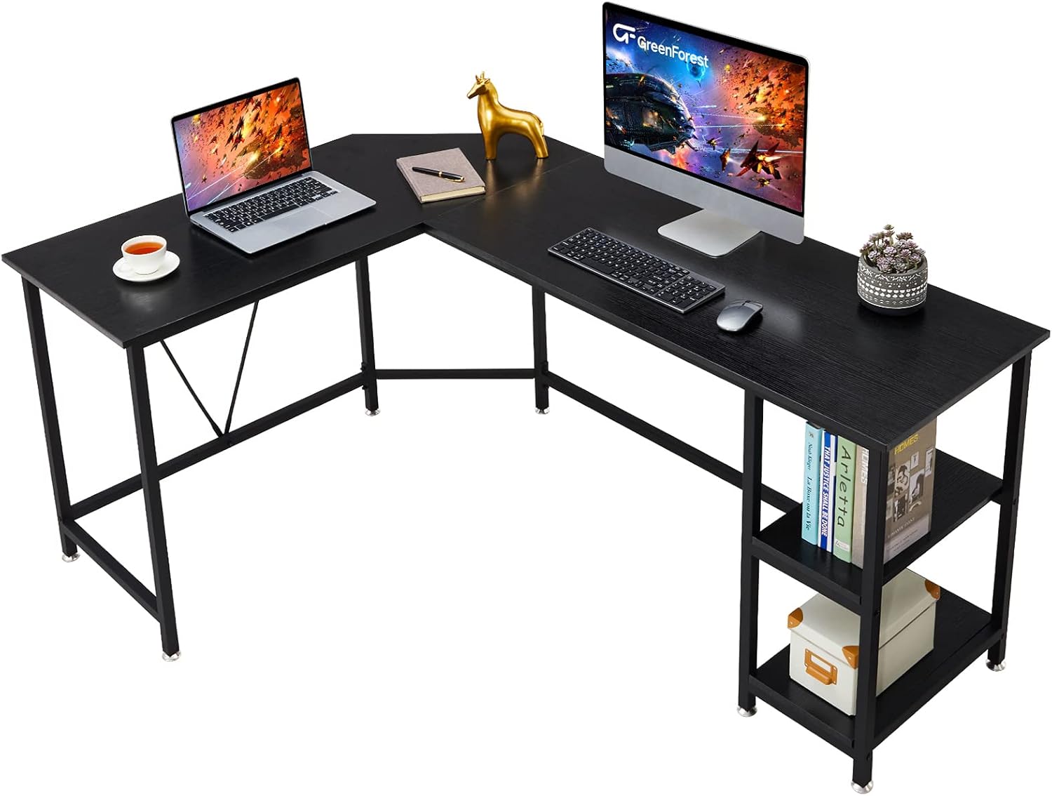 GreenForest L Shaped Corner Desk 65.7 inch with Storage Shelf Long Gaming Desk for Home Office PC Workstation Saving Space Laptop Table, Black