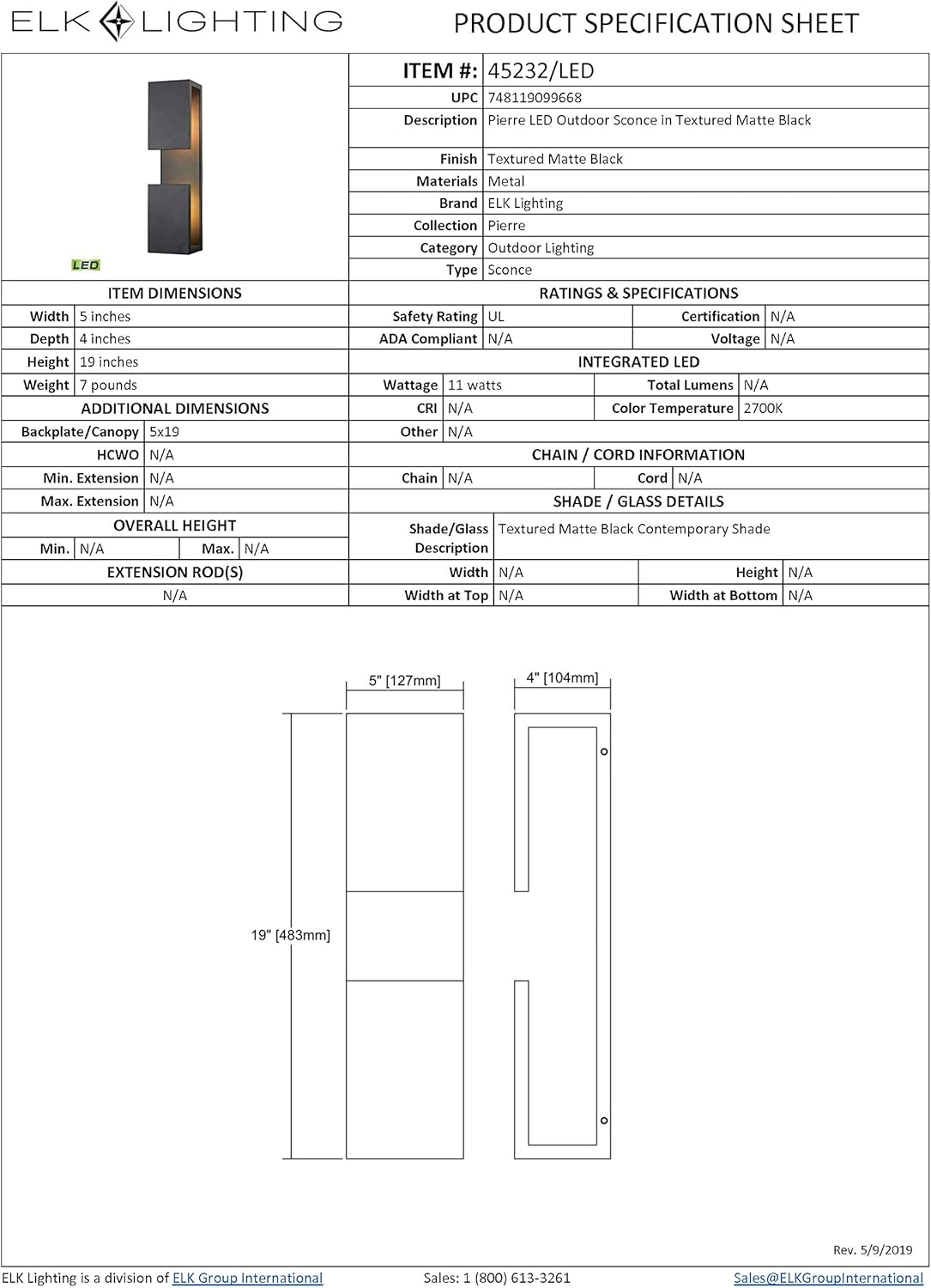 Elk Lighting 45232/LED Wall-sconces, 19 x 5 x 4, Black