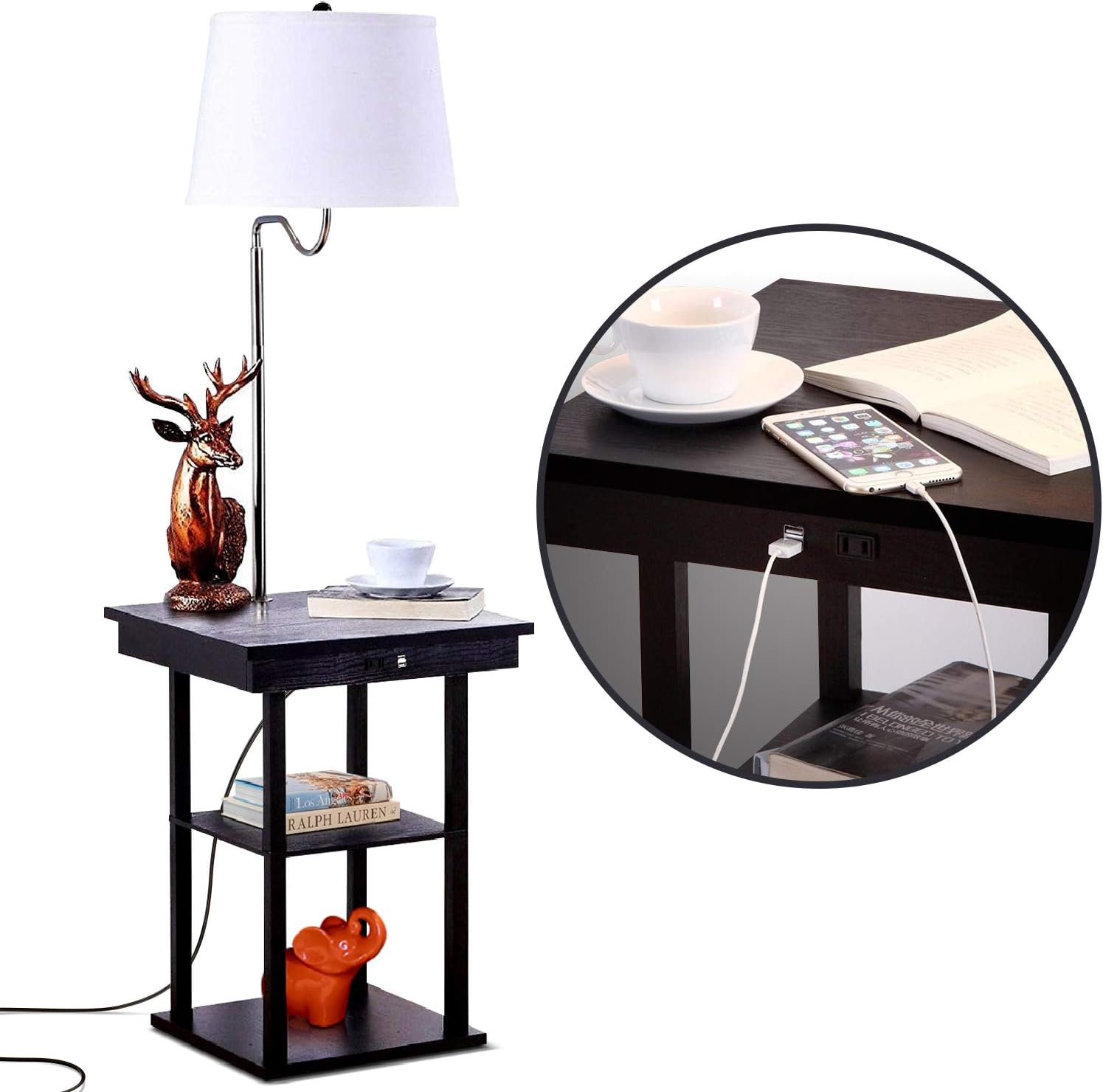 Brightech Madison Table & Lamp Combo with LED Bulb, Desk Lamp with USB Port, Bedside Reading Lamp, Modern End Table with Floor Lamp for Bedroom, Living Room, Office - Black with White Shade