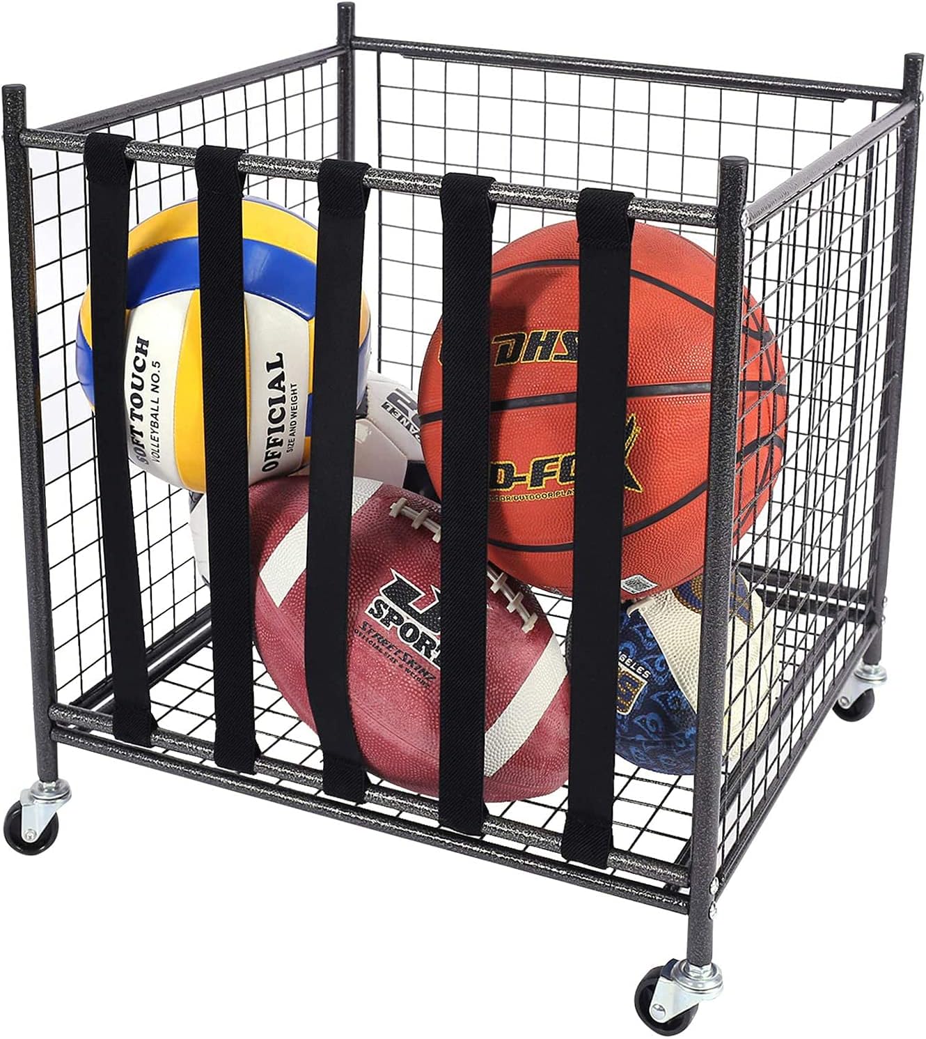 Mythinglogic Rolling Sports Ball Storage Cart, Sports Lockable Ball Storage Locker with Elastic Straps, Stackable Ball Cage for Garage Storage Garage Organizer