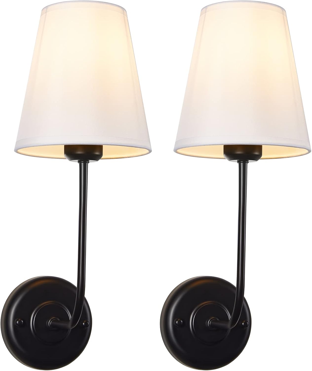 Terleenart Fabric Wall Scone with Flared Shape White Textile Shade Curved Arm and Black Finish Metal Base,Set of 2 pcs Perfect for Bedroom Living Room Bathroom Vanity Area