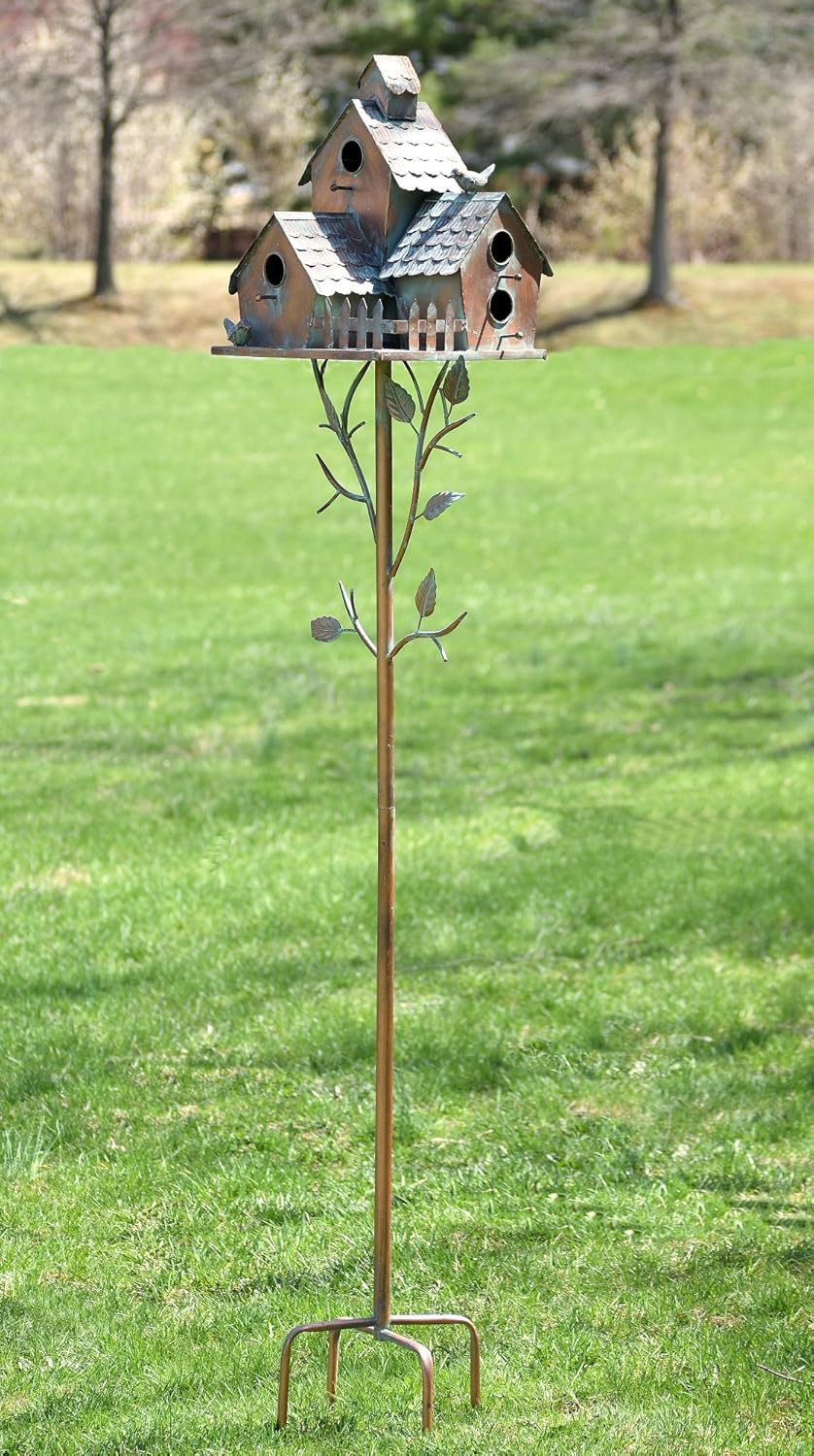 Zaer Ltd. Large Copper Colored Multi-Birdhouse Stakes, Room for 4 Bird Families in Each (Houses Facing Multiple Directions)