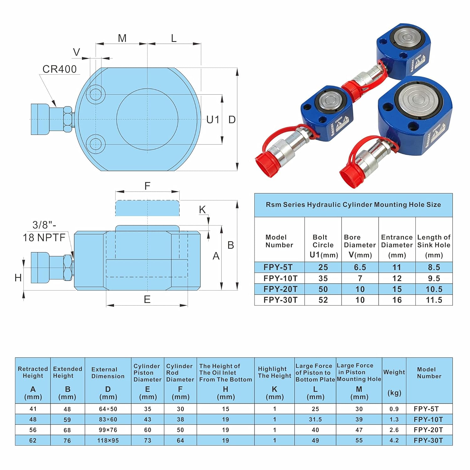 AMZCNC 30 Ton Ultra-Thin Hydraulic Ram Cylinder Low Profile Hydraulic Cylinder Jack Single Section Mini Jack Ram 14mm Stroke