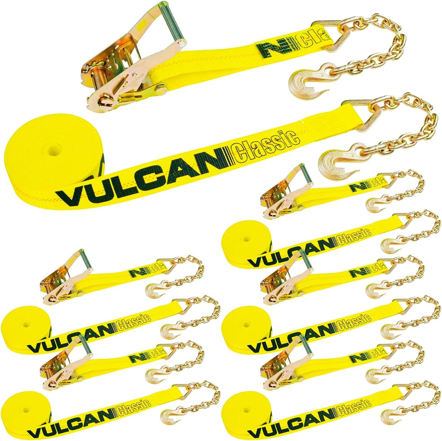 VULCAN Ratchet Strap with Chain Anchors - 2 Inch x 27 Foot, 6 Pack - Classic Yellow - 3,600 Pound Safe Working Load