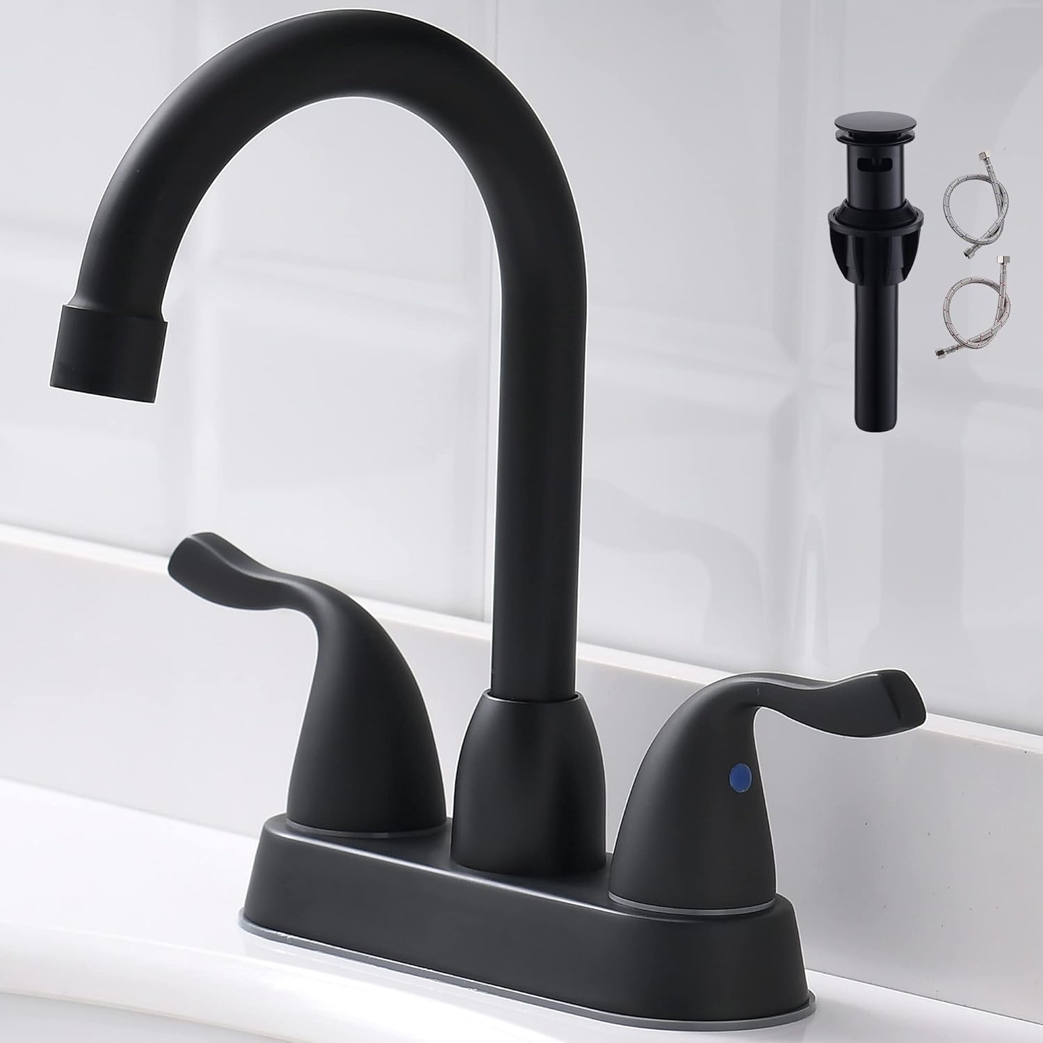 FROPO 2 Handle Black Bathroom Sink Faucet - 4 Inch Centerset Faucet Bathroom 3 Hole Lavatory Faucet Bathroom Vanity Sink Faucets with Pop-up Drain and Supply Lines Matte Black