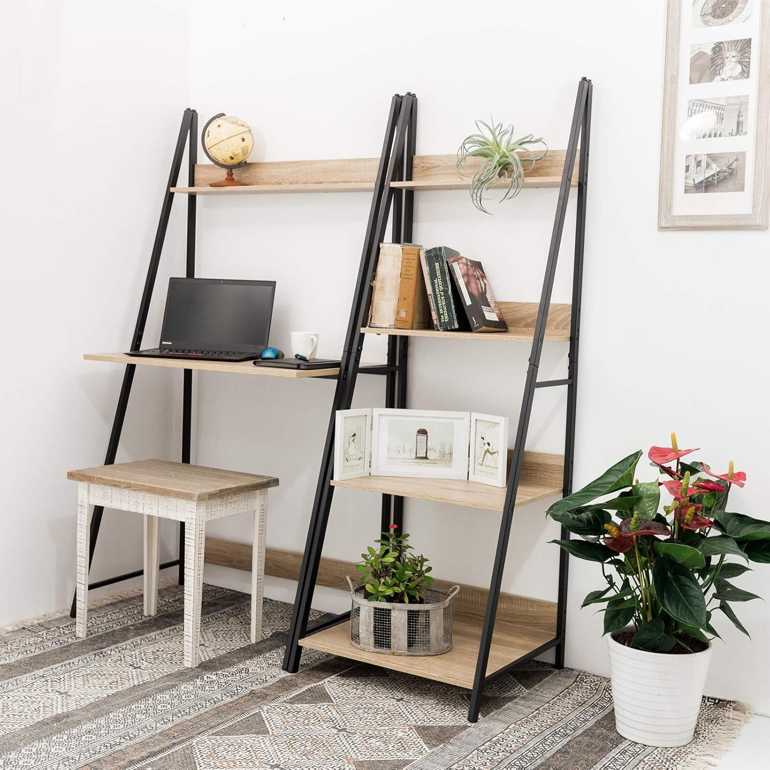 C-Hopetree Ladder Desk with Shelf - Student Study Table - Black Metal Frame Pack of 2