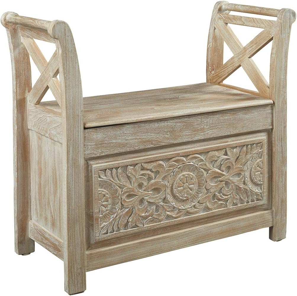 Signature Design by Ashley Fossil Ridge Boho Storage Accent Bench, Vintage White