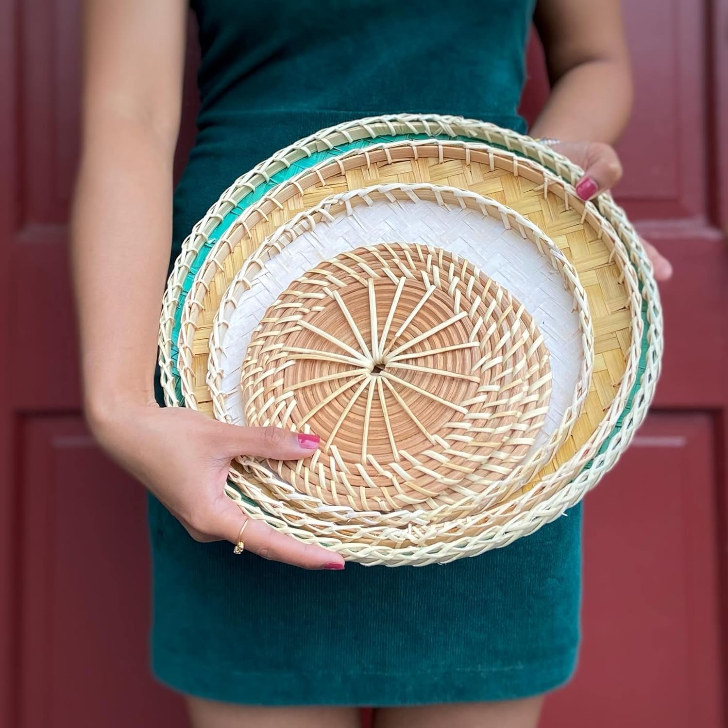 Bamboo Wall Basket Decor -Boho Basket Wall Decor Set of 5 - Woven Wicker Wall Decor- Flat Baskets for Wall Decor- Wicker Wall Hanging Serving Tray for Living room/Bedroom/Kitchen Pack of 2