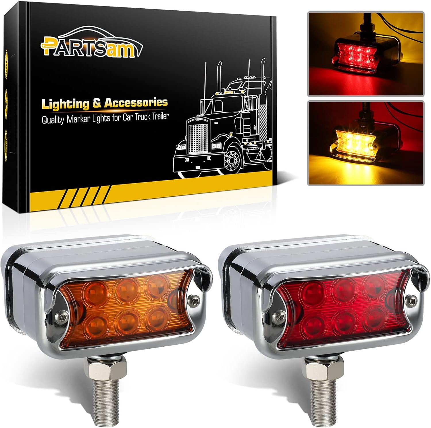 Partsam 2Pcs Double Face T-Mount Marker and Turn Signal Lights w/ Horizontal Visor, Amber/Red 6 LED Dual Function 3