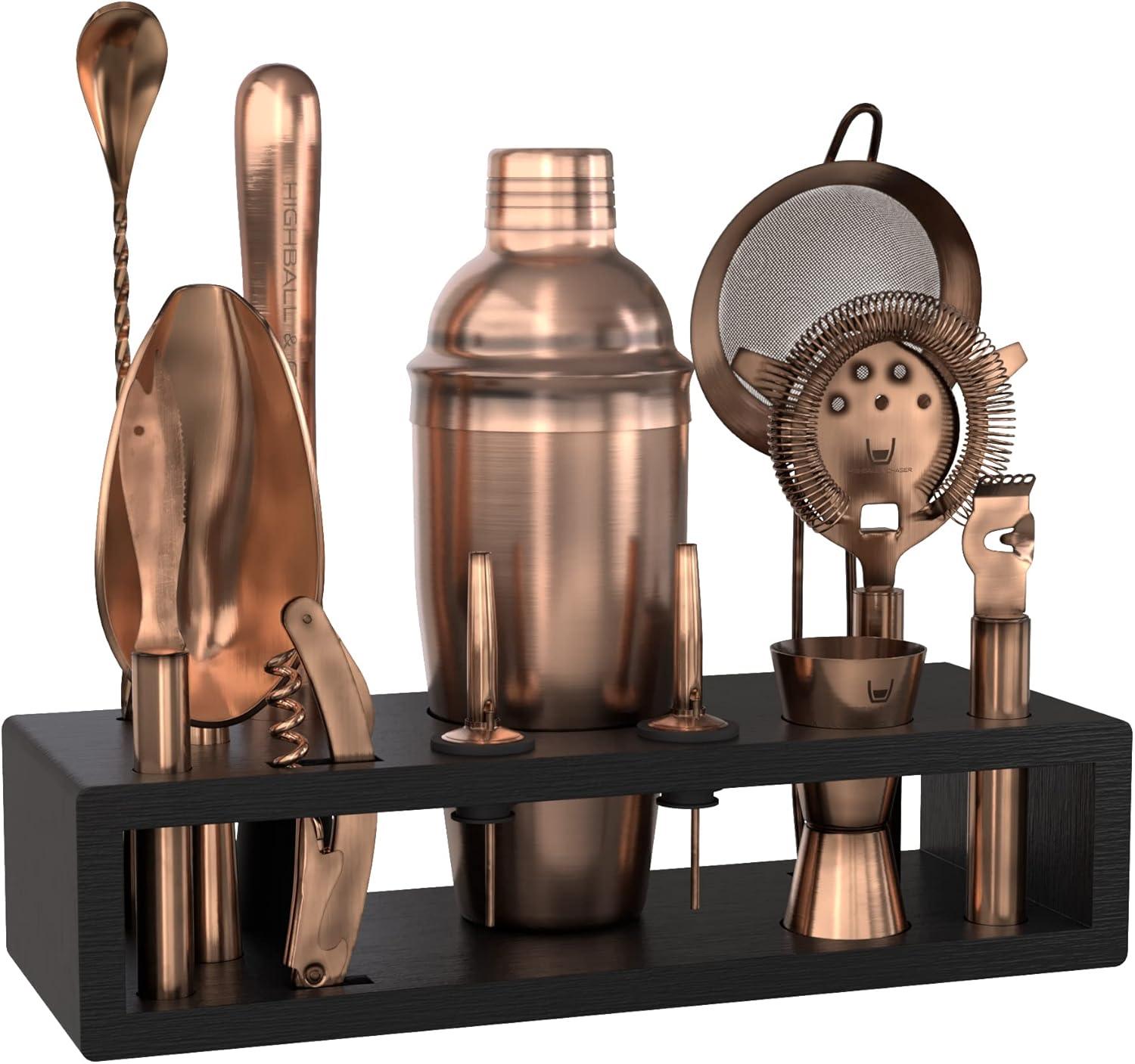 Highball & Chaser Bartender Kit with Black Bamboo Stand. Beautiful Cobbler Cocktail Shaker Set with Bar Tools Rustproof Stainless Steel Bar Set (Silver) Pack of 2