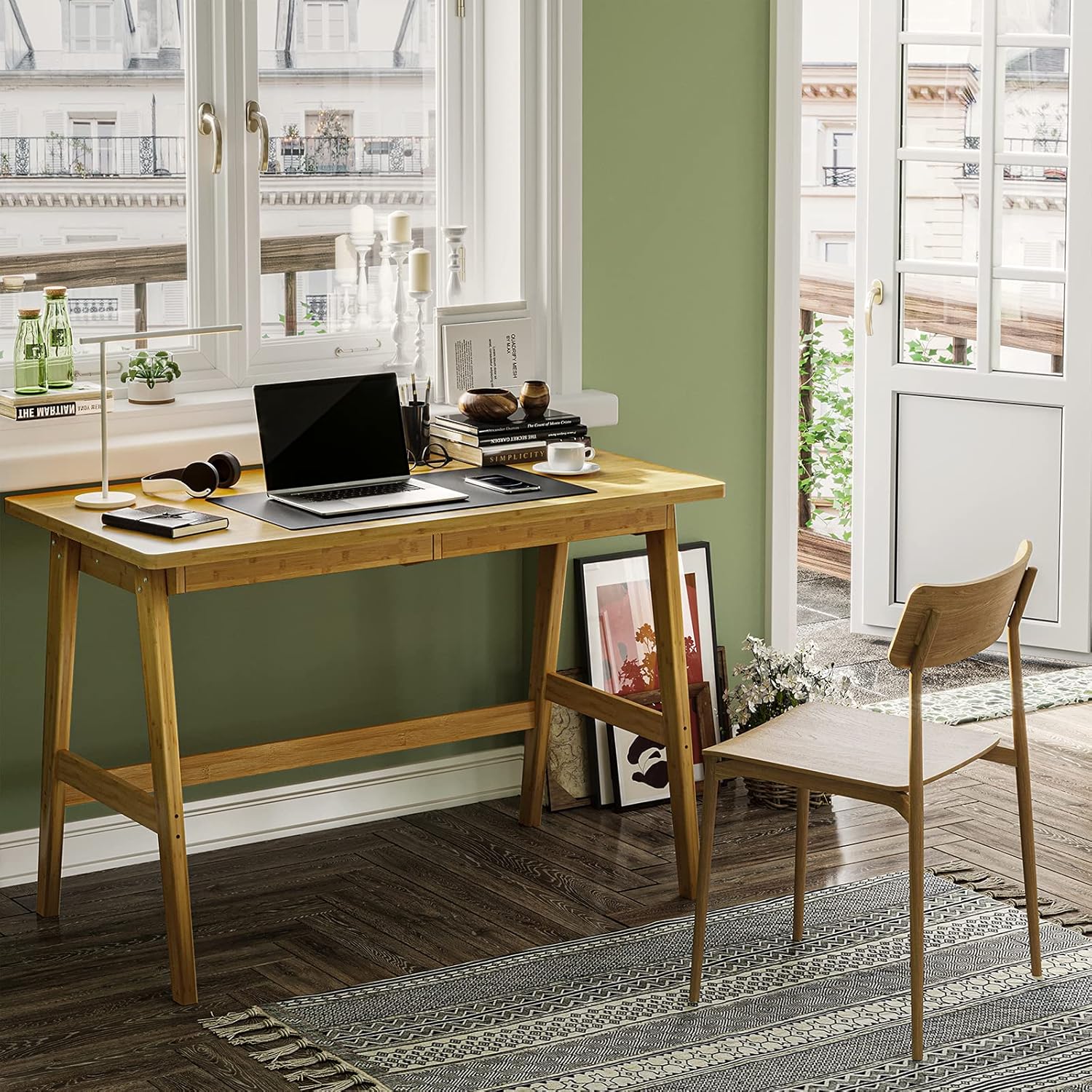 VIAGDO Writing Computer Desk 47''Bamboo Desk with 2 Drawers Laptop Table Gaming PC Workstation for Small Space Study Desk Vanity Desk Bedside Table Modern Home Office Furniture, 47.2''x23.6''x29.5''