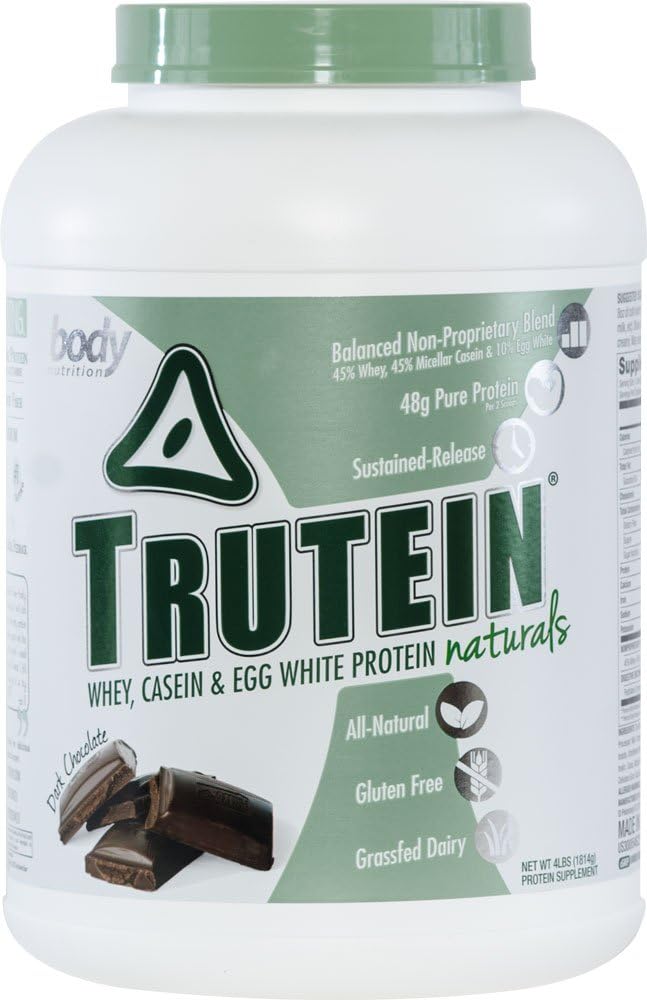 Body Nutrition Protein Powder - Trutein Naturals Dark Chocolate 4lb Whey, Casein & Egg White - Natural Low Carb Keto Friendly Drink - Lean Muscle Builder, Weight Loss, Workout, Recovery Pack of 2