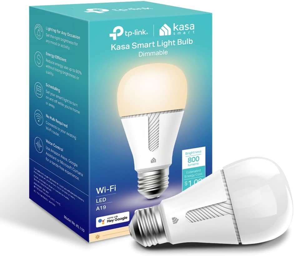 Kasa Smart Light Bulb KL110, LED Wi-Fi smart bulb works with Alexa and Google Home, A19 Dimmable, 2.4Ghz, No Hub Required, 800LM Soft White (2700K), 9W (60W Equivalent) Pack of 2