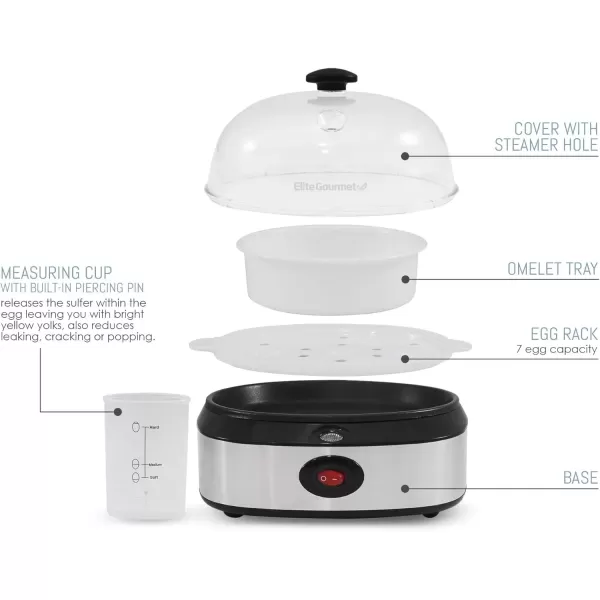 Egg Cookers EGC-207 Easy Electric 7 Egg Capacity Cooker, No Alarm, Non-stick Omelet Maker, Scrambled, Soft, Medium, Hard Boiled with Auto Shut-Off, BPA Free(Stainless Steel)