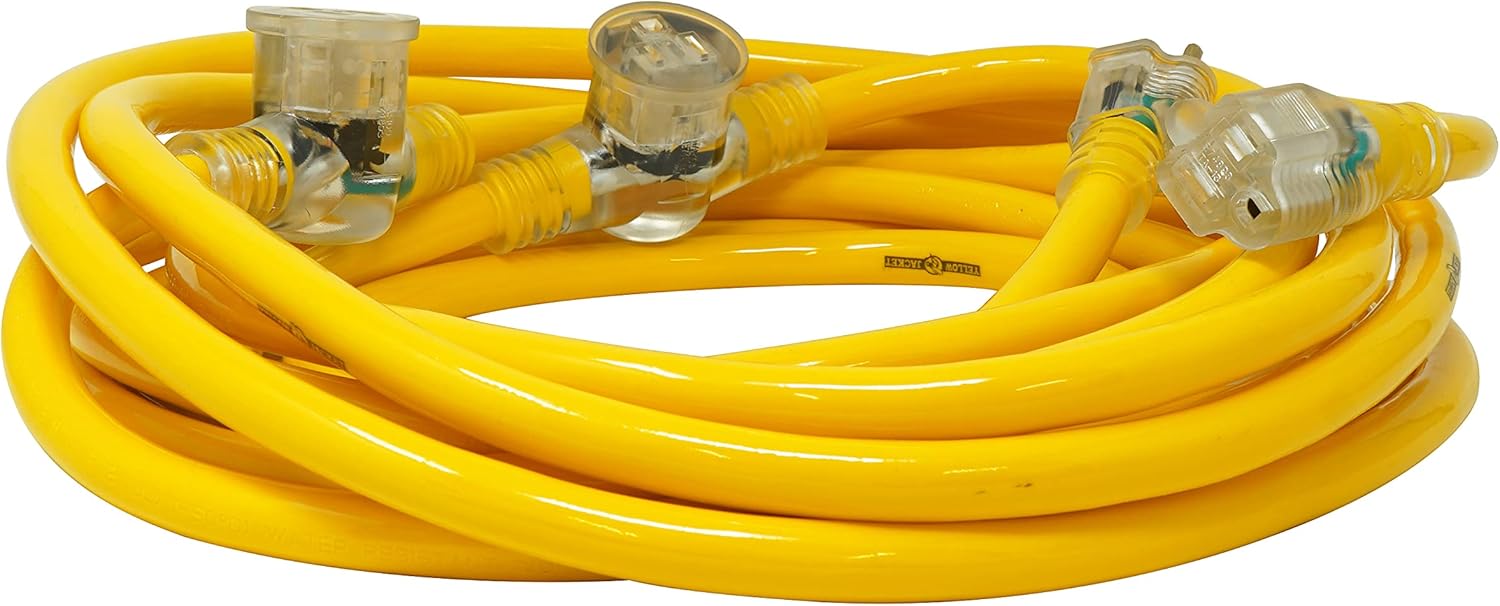Yellow Jacket 2830 Woods STW Adapter Cord with 3-Outlet Lighted Power Block, 3 12 Awg Bare Conductor, 25 Ft L, Foot, Copper