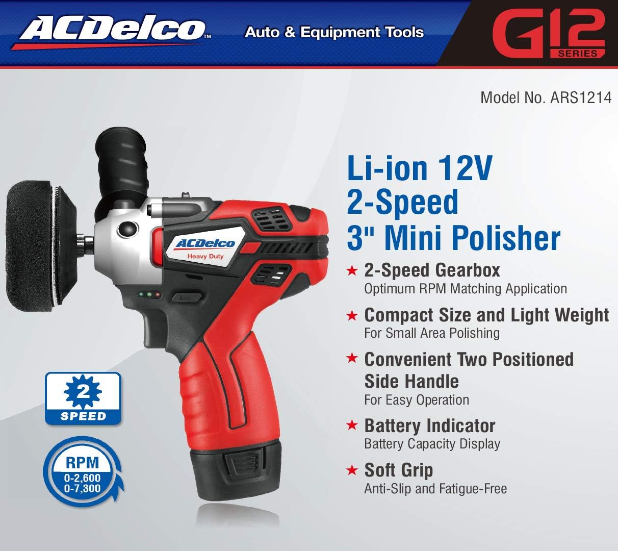 ACDelco Mini Cordless Polisher Tool Set 2 Speed 12V 3” Pad, Set with 2 Li-ion Batteries, Charger, and Accessory Kit, G12 Series ARS1214